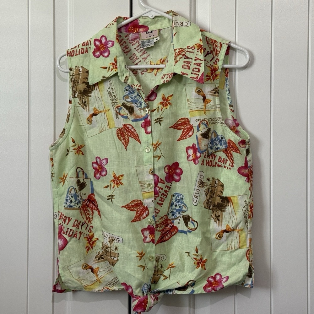 Dandy by Randi M Top Women M Green Hawaiian 100% Linen Button Up Tie Front Retro